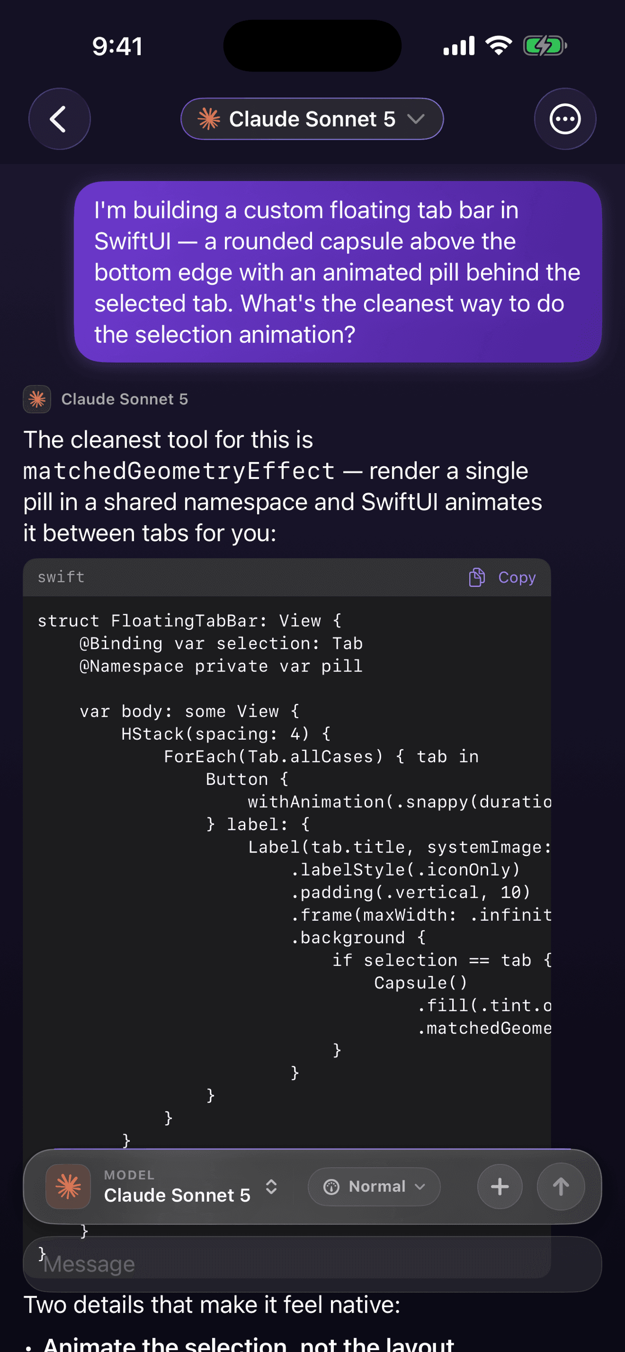 Prismara chat on iPhone: Claude Sonnet answering a SwiftUI question, with a model picker and reasoning effort control in the composer