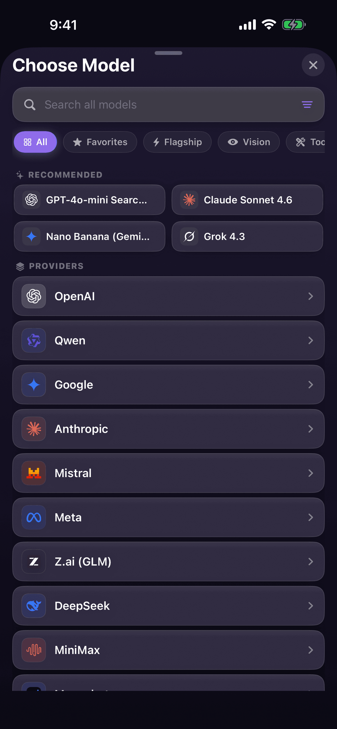 Prismara model picker showing recommended models and providers including OpenAI, Google, Anthropic, Mistral, Meta and DeepSeek